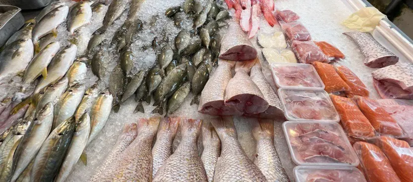 Fish and fillets on ice at the stall